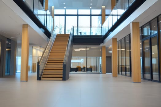 A large, empty building with a staircase leading up to the second floor. The staircase is made of wood and is surrounded by glass. The building is mostly empty