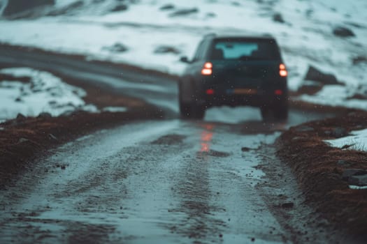 A car is driving down a road in the rain. The road is wet and muddy, and the car is leaving a trail of water behind it. The scene is dark and moody, with the rain