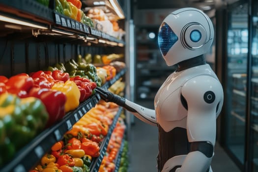 A robot is shopping for vegetables in a grocery store. The robot is white and has a blue face