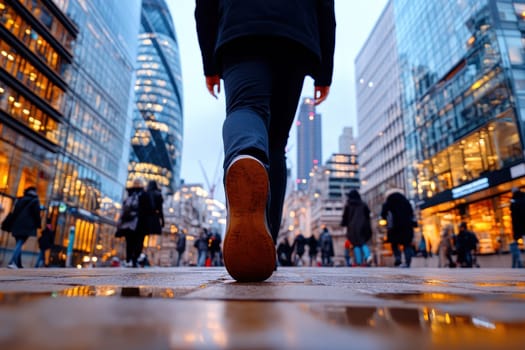 A man walks down a city street with many people around him. The scene is bustling and lively, with people walking and talking. The man is wearing a black jacket and he is in a hurry