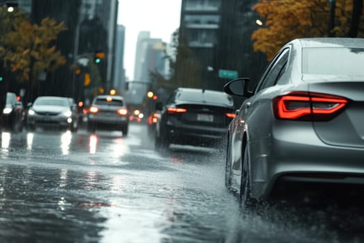 A car is driving down a wet street in the rain. The car is surrounded by other cars, and the rain is making the street slippery. The scene is dark and moody