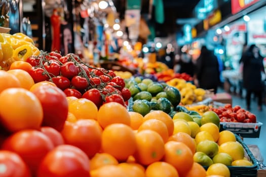 A large display of fresh fruit, including oranges, apples, and tomatoes. The fruit is arranged in a way that makes it easy for customers to see and pick out what they want