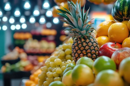 A pile of fruit including apples, oranges, and pineapple. The pineapple is the center of attention