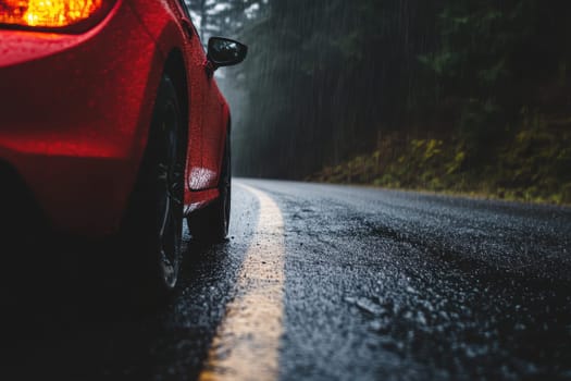 A red car is driving down a wet road. The car is in the foreground and the road is in the background. Scene is somewhat gloomy and somber