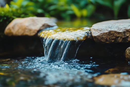 A small stream of water flows over a rock. The water is clear and calm, and the rock provides a natural and peaceful setting