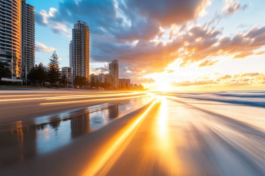 A city skyline is reflected in the water of a beach. The sun is setting, casting a warm glow over the scene