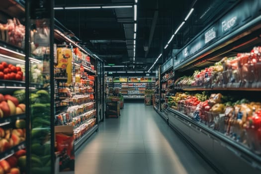 A large grocery store with aisles full of produce. The produce section is well lit and the produce is displayed in a way that makes it easy for customers to see and choose