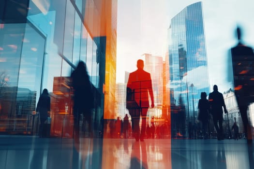 A busy city street with people walking and a man in a suit. The image is a blurred reflection of the people and buildings, giving a sense of movement and energy. Scene is bustling and lively
