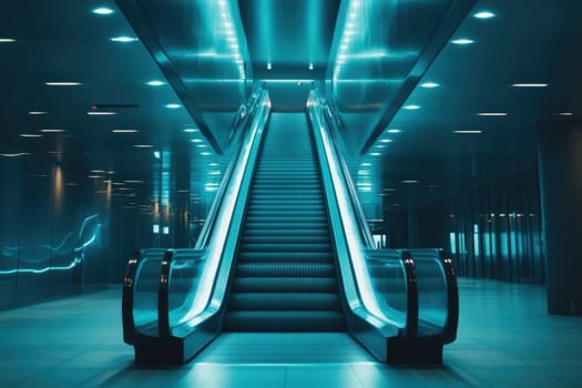 A blue escalator in a large, empty building. The escalator is lit up and he is in a futuristic setting