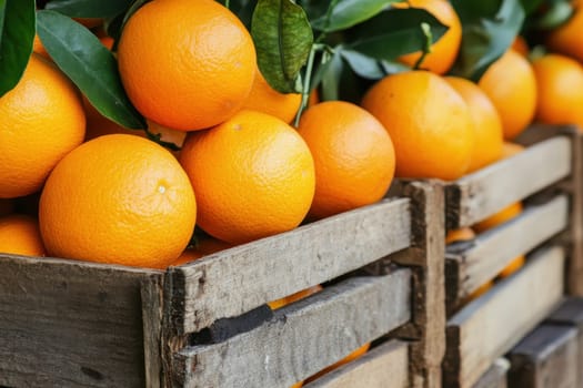 A crate full of oranges is sitting on a wooden table. The crate is filled with oranges of various sizes and colors. The oranges are arranged in a way that they are visible from all angles