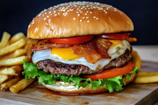 A hamburger with bacon, egg, and cheese is served on a wooden table with a side of french fries. The burger is topped with a slice of tomato and lettuce, and the bun is toasted