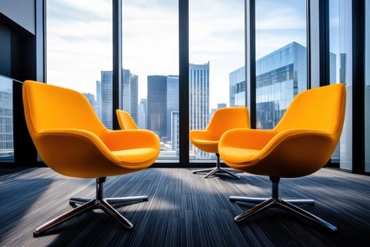 A group of orange chairs are arranged in a room with a view of the city. The chairs are facing a window, and the room is empty. The chairs are arranged in a way that they are facing the city