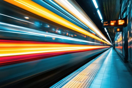 A train is moving through a tunnel with a bright yellow stripe. The train is blurry and the tunnel is dark