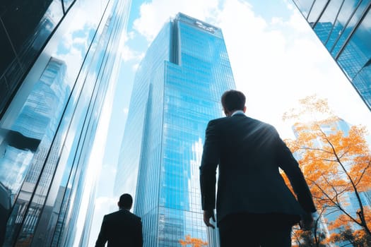 Two men in suits walking in front of a tall building. Scene is professional and serious