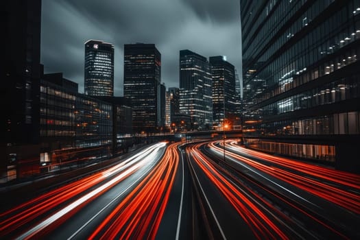 A city street at night with a lot of traffic and tall buildings. The lights from the cars and buildings create a bright and busy atmosphere