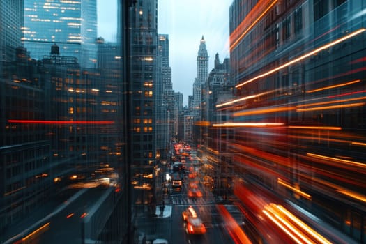 A blurry cityscape with cars and buildings in the background. The city appears to be busy and bustling with activity