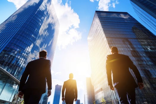 Three men walking in front of a tall building. The sky is blue and the sun is shining brightly
