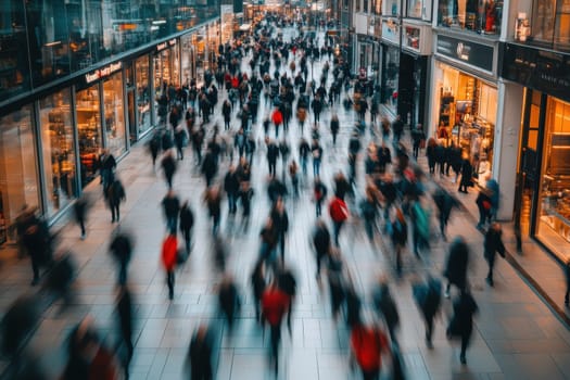 A busy city street with people walking and shopping. The image captures the hustle and bustle of a busy shopping district, with people walking in all directions and carrying bags