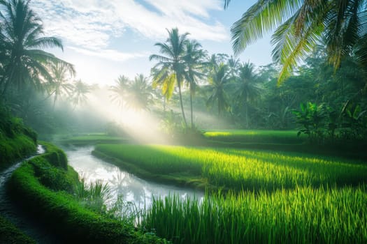 A lush green field with a river running through it. The sun is shining through the trees, creating a peaceful and serene atmosphere