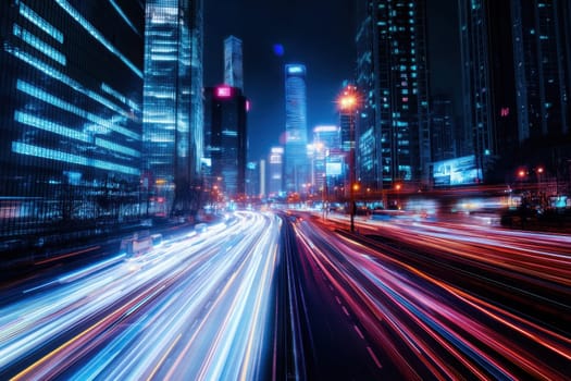 A city street at night with a lot of traffic and bright lights. The city is lit up and the lights from the cars and buildings create a sense of movement and energy