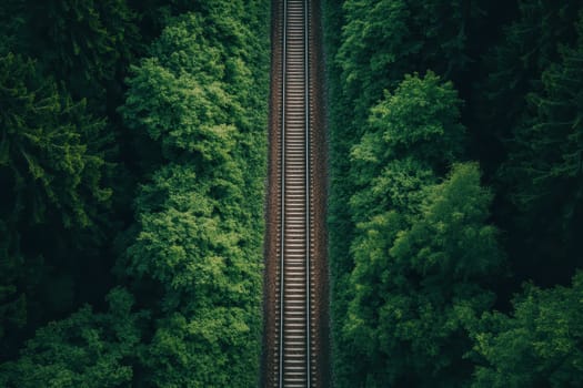 A train track runs through a forest. The train is not visible. The trees are green and lush