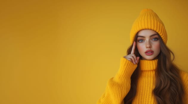 Young woman on yellow background, pointing with index finger. Selective focus.