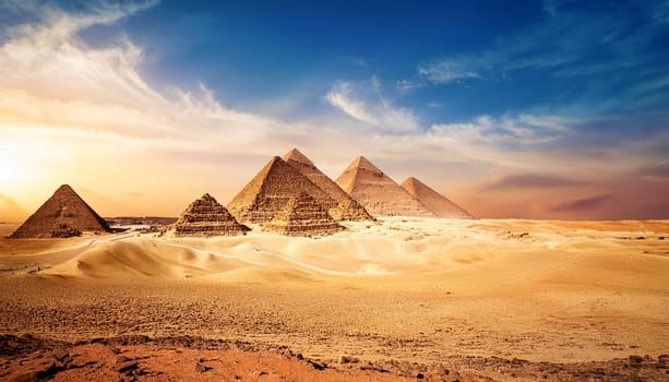 ancient egyptian pyramids in the desert sand, AI generated image