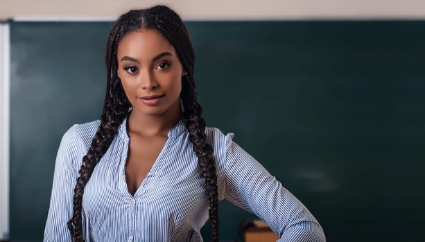 pretty young woman with blue eyes and braids in the classroom, AI generated image