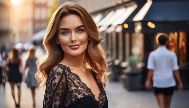 pretty young woman in black lace dress, AI generated image