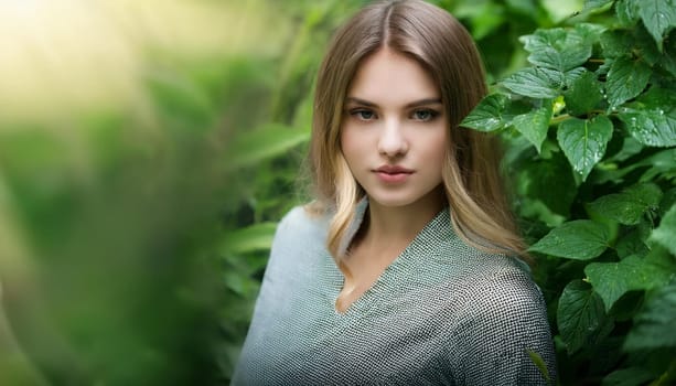 pretty young woman over lush foliage, AI generated image