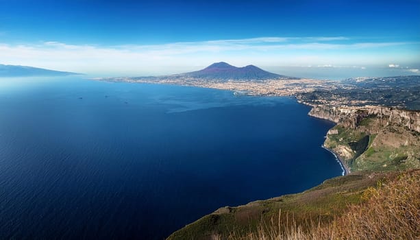 sea gulf scene with volcano, AI generated image