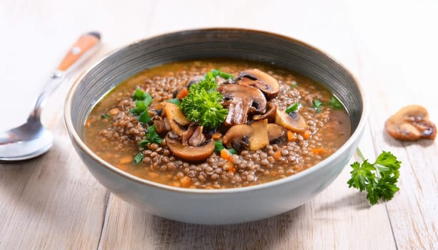 lentil soup with quinoa and mushrooms vegetarian food, AI generated image