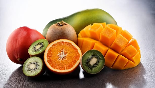 exotic fruits including mango papaya kiwi, AI generated image