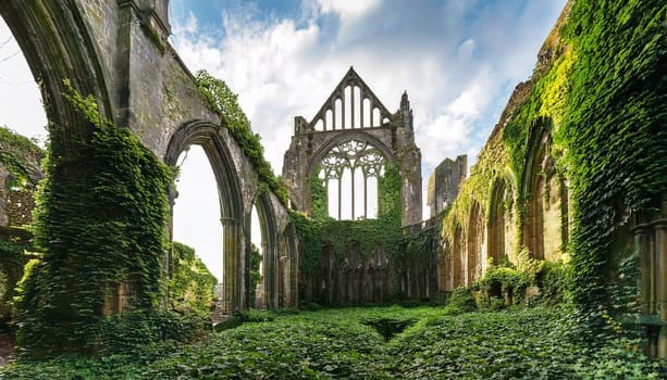 ruins of roofless gothic cathedral, AI generated image