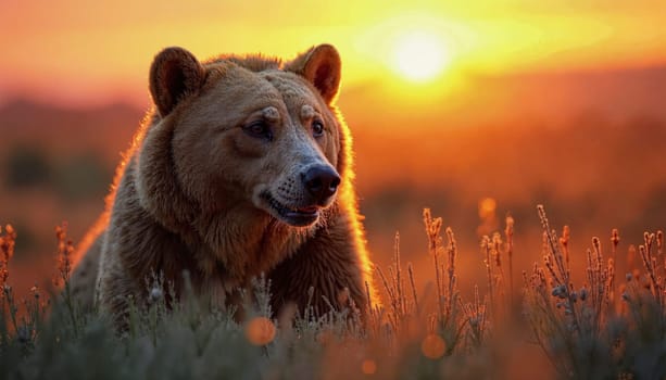 A bear is walking on a snowy hillside with the sun setting in the background. The bear appears to be alone and is looking towards the sky. The scene has a peaceful and serene mood