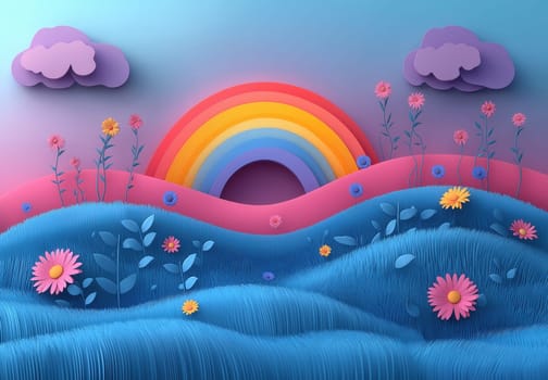 Poster for kids with rainbow over field. Selective focus.