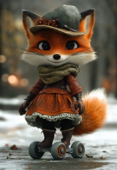 Cartoon fox rollerblading on a city street. Selective focus.