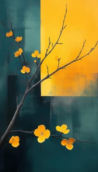 A branch with yellow flowers on a colored textured background. Selective focus.