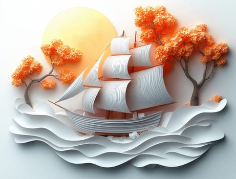 A ship with white sails on a white background. Selective focus.