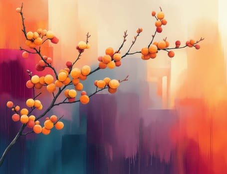 Watercolor, branch with yellow flowers on a colored background. Selective focus.