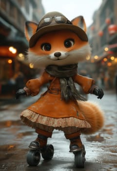 Cartoon fox rollerblading on a city street. Selective focus.