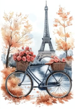 Bicycle with a basket of flowers against the backdrop of the Eiffel Tower. Selective focus.