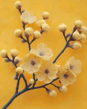 A branch with yellow flowers on a yellow textured background. Selective focus.