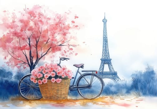 Bicycle with a basket of flowers against the backdrop of the Eiffel Tower. Selective focus.