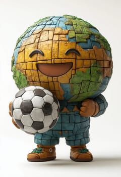 A cartoon globe holds a soccer ball in its hands. Selective focus.