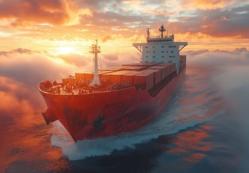 A container ship sails in calm waters, delivering cargo. Selective focus.