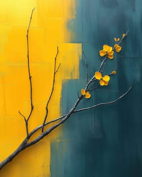A branch with yellow flowers on a colored textured background. Selective focus.
