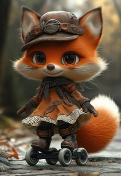 Cartoon fox rollerblading on a city street. Selective focus.