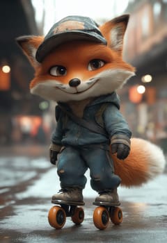 Cartoon fox rollerblading on a city street. Selective focus.
