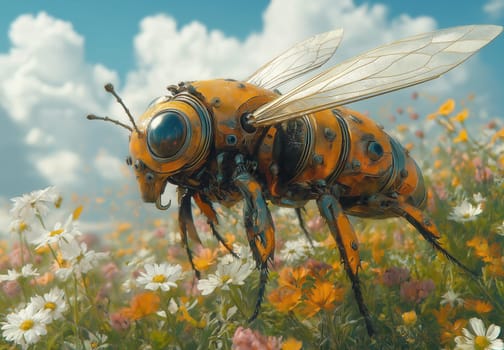 Robot bee flying over field of flowers. Selective focus.